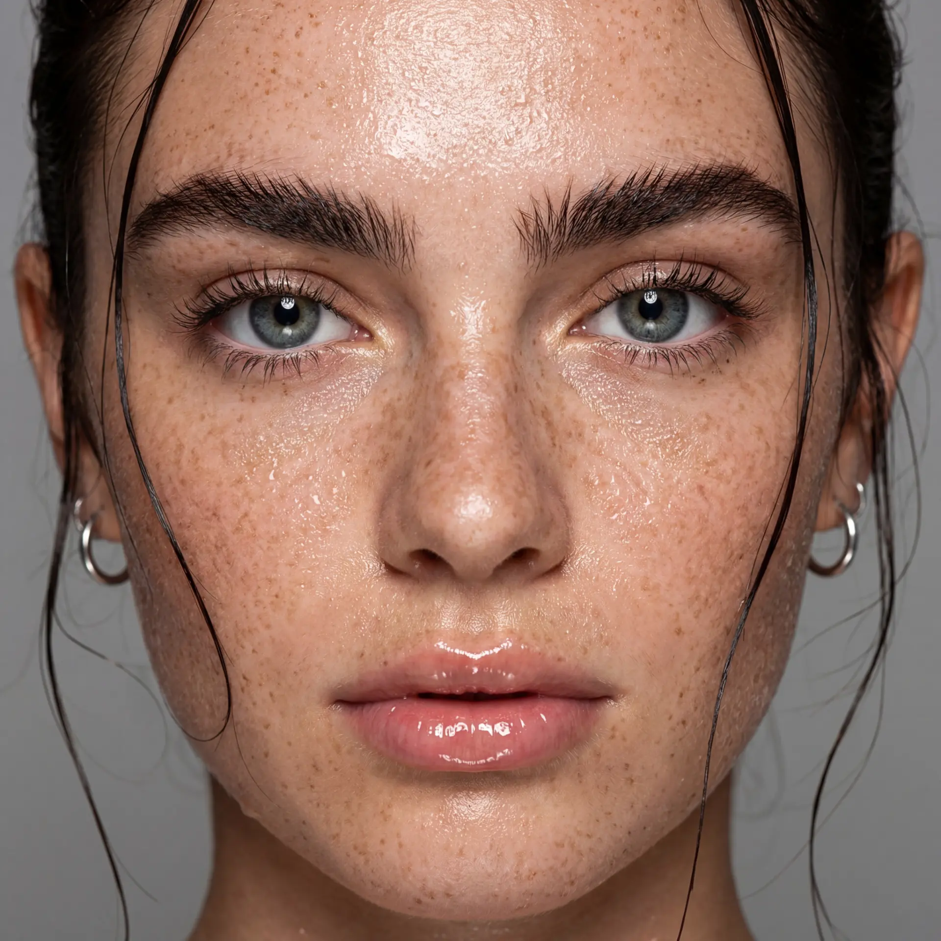 Hyper realistic AI face close up used in a product video ad