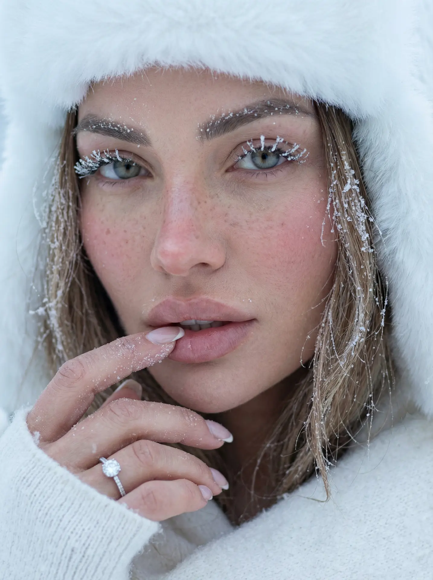 AI UGC ad frame of a woman in snow for an apparel brand
